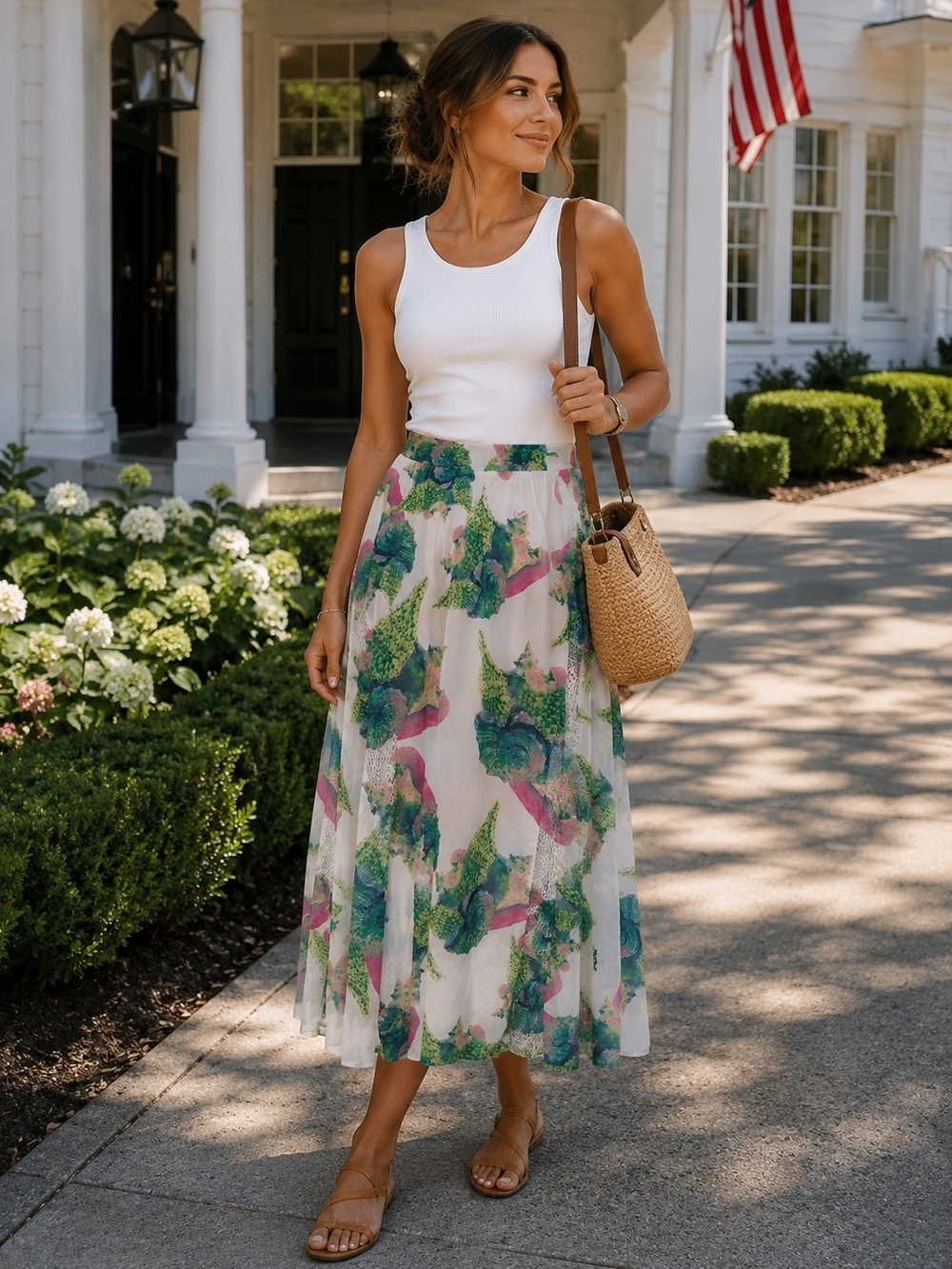 MAXI Boho Floral Watercolor Skirt - White with Green & Pink Lace Detail